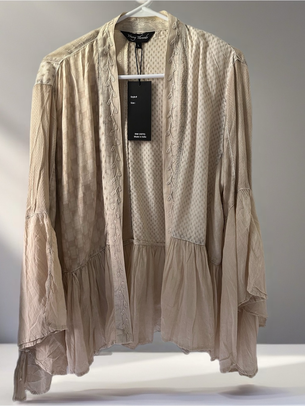 NWT Young Threads Latte with Gray Wash color Open Front  Kimono